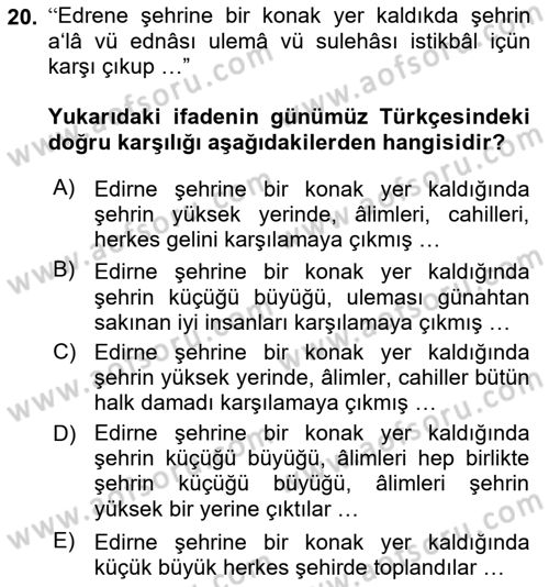 Osmanlı Türkçesi Metinleri 1 Dersi 2024 - 2025 Yılı (Final) Dönem Sonu Sınav Soruları 20. Soru