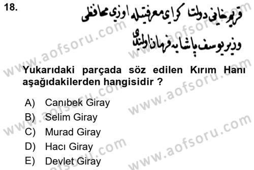 Osmanlı Türkçesi Metinleri 1 Dersi 2025 - 2026 Yılı (Final) Dönem Sonu Sınav Soruları 18. Soru
