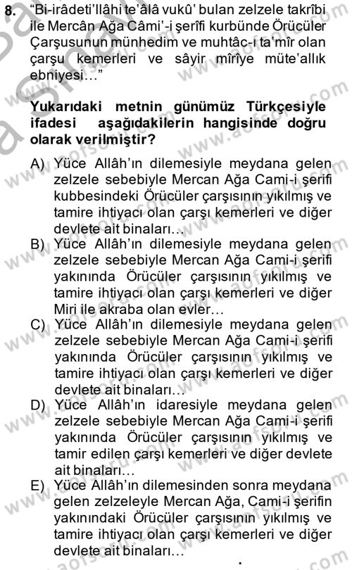 Osmanlı Türkçesi Metinleri 2 Dersi 2014 - 2015 Yılı (Vize) Ara Sınavı 8. Soru