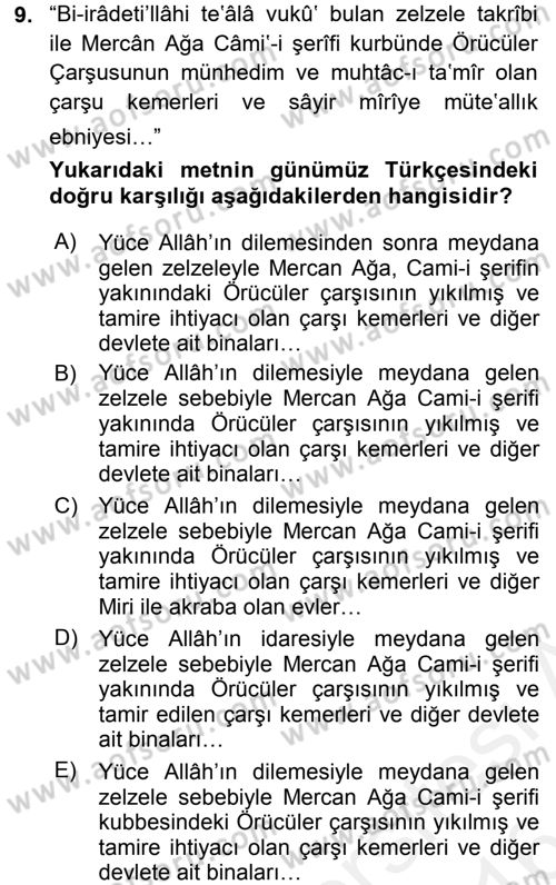 Osmanlı Türkçesi Metinleri 2 Dersi 2015 - 2016 Yılı (Vize) Ara Sınav Soruları 9. Soru