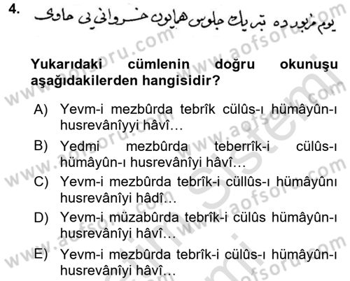 Osmanlı Türkçesi Metinleri 2 Dersi 2015 - 2016 Yılı (Final) Dönem Sonu Sınavı 4. Soru