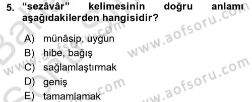 Osmanlı Türkçesi Metinleri 2 Dersi 2015 - 2016 Yılı (Final) Dönem Sonu Sınav Soruları 5. Soru