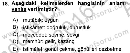 Osmanlı Türkçesi Metinleri 2 Dersi 2016 - 2017 Yılı (Vize) Ara Sınav Soruları 18. Soru