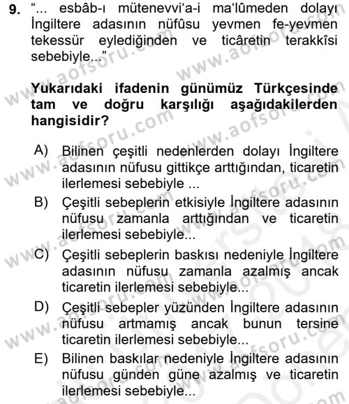 Osmanlı Türkçesi Metinleri 2 Dersi 2017 - 2018 Yılı (Final) Dönem Sonu Sınav Soruları 9. Soru