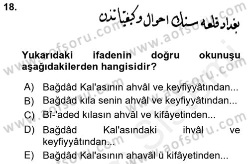 Osmanlı Türkçesi Metinleri 2 Dersi 2018 - 2019 Yılı (Vize) Ara Sınav Soruları 18. Soru