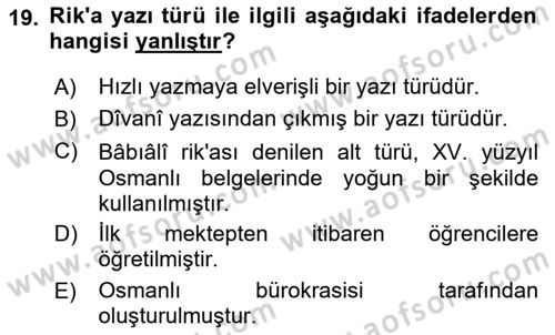 Osmanlı Türkçesi Metinleri 2 Dersi 2018 - 2019 Yılı (Final) Dönem Sonu Sınav Soruları 19. Soru
