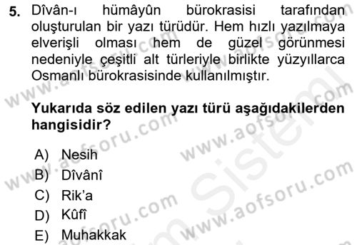 Osmanlı Türkçesi Metinleri 2 Dersi 2018 - 2019 Yılı (Final) Dönem Sonu Sınav Soruları 5. Soru