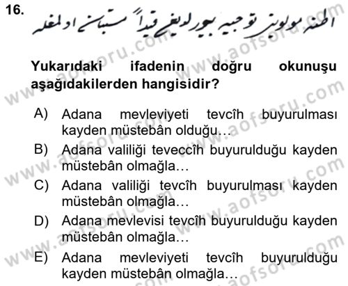 Osmanlı Türkçesi Metinleri 2 Dersi 2018 - 2019 Yılı Yaz Okulu Sınav Soruları 16. Soru