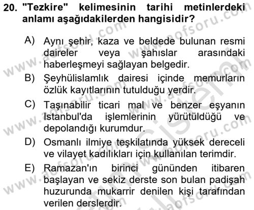 Osmanlı Türkçesi Metinleri 2 Dersi 2020 - 2021 Yılı Yaz Okulu Sınav Soruları 20. Soru