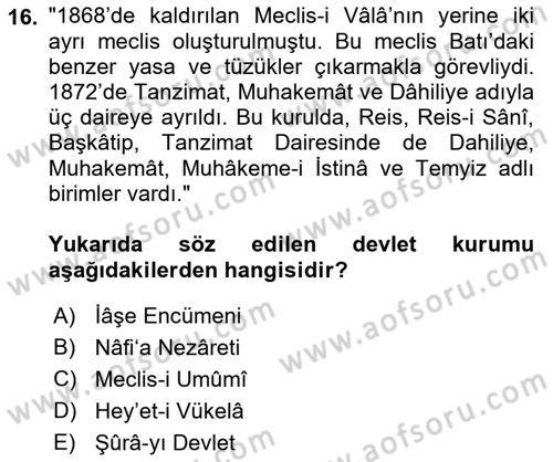 Osmanlı Türkçesi Metinleri 2 Dersi 2021 - 2022 Yılı (Final) Dönem Sonu Sınav Soruları 16. Soru