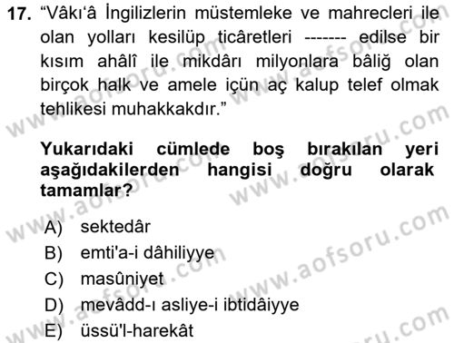 Osmanlı Türkçesi Metinleri 2 Dersi 2021 - 2022 Yılı (Final) Dönem Sonu Sınav Soruları 17. Soru