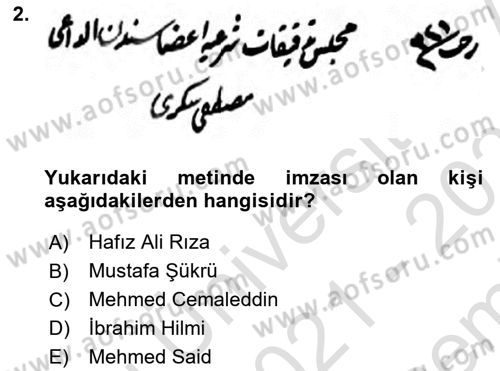 Osmanlı Türkçesi Metinleri 2 Dersi 2021 - 2022 Yılı (Final) Dönem Sonu Sınav Soruları 2. Soru