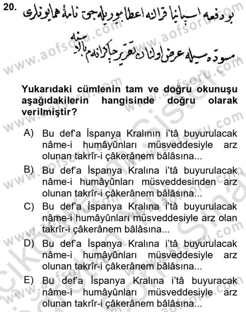 Osmanlı Türkçesi Metinleri 2 Dersi 2021 - 2022 Yılı (Final) Dönem Sonu Sınav Soruları 20. Soru