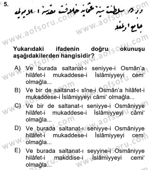 Osmanlı Türkçesi Metinleri 2 Dersi 2021 - 2022 Yılı (Final) Dönem Sonu Sınav Soruları 5. Soru