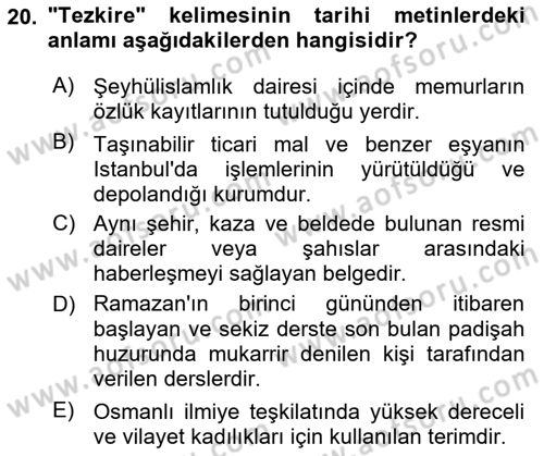 Osmanlı Türkçesi Metinleri 2 Dersi 2021 - 2022 Yılı Yaz Okulu Sınav Soruları 20. Soru