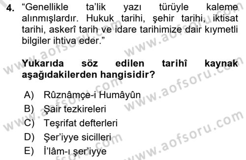 Osmanlı Türkçesi Metinleri 2 Dersi 2021 - 2022 Yılı Yaz Okulu Sınav Soruları 4. Soru