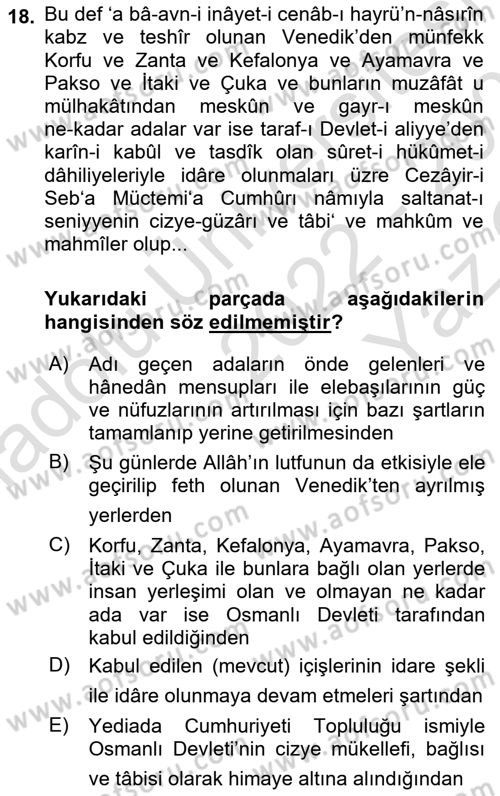 Osmanlı Türkçesi Metinleri 2 Dersi 2022 - 2023 Yılı Yaz Okulu Sınav Soruları 18. Soru
