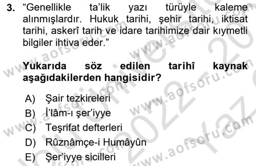 Osmanlı Türkçesi Metinleri 2 Dersi 2022 - 2023 Yılı Yaz Okulu Sınav Soruları 3. Soru