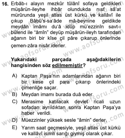 Osmanlı Türkçesi Metinleri 2 Dersi 2023 - 2024 Yılı (Vize) Ara Sınav Soruları 16. Soru