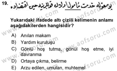 Osmanlı Türkçesi Metinleri 2 Dersi 2023 - 2024 Yılı (Vize) Ara Sınav Soruları 19. Soru