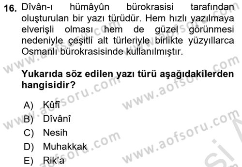 Osmanlı Türkçesi Metinleri 2 Dersi 2023 - 2024 Yılı (Final) Dönem Sonu Sınav Soruları 16. Soru