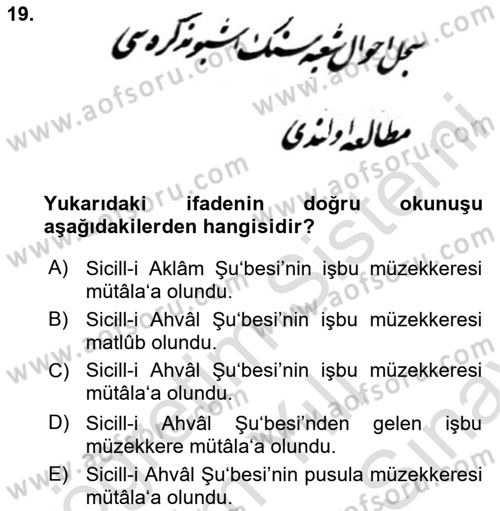 Osmanlı Türkçesi Metinleri 2 Dersi 2023 - 2024 Yılı (Final) Dönem Sonu Sınav Soruları 19. Soru