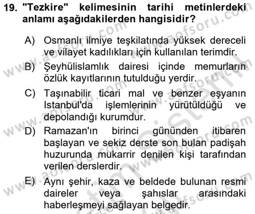 Osmanlı Türkçesi Metinleri 2 Dersi 2023 - 2024 Yılı Yaz Okulu Sınav Soruları 19. Soru