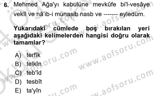 Osmanlı Türkçesi Metinleri 2 Dersi 2023 - 2024 Yılı Yaz Okulu Sınav Soruları 6. Soru