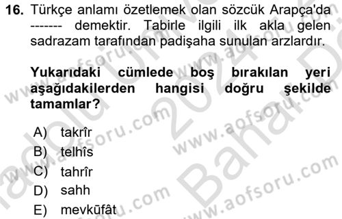 Osmanlı Türkçesi Metinleri 2 Dersi 2024 - 2025 Yılı (Vize) Ara Sınav Soruları 16. Soru