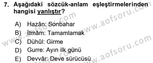 Osmanlı Türkçesi Metinleri 2 Dersi 2024 - 2025 Yılı (Vize) Ara Sınav Soruları 7. Soru