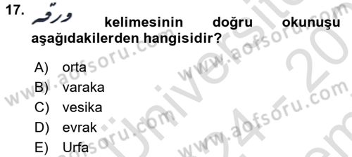 Osmanlı Türkçesi Metinleri 2 Dersi 2024 - 2025 Yılı (Final) Dönem Sonu Sınav Soruları 17. Soru