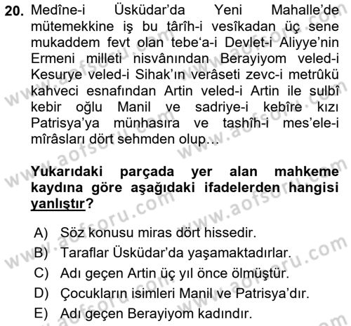 Osmanlı Türkçesi Metinleri 2 Dersi 2024 - 2025 Yılı (Final) Dönem Sonu Sınav Soruları 20. Soru