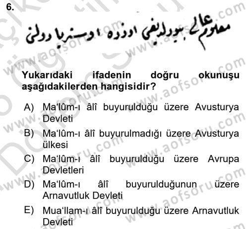 Osmanlı Türkçesi Metinleri 2 Dersi 2024 - 2025 Yılı (Final) Dönem Sonu Sınav Soruları 6. Soru