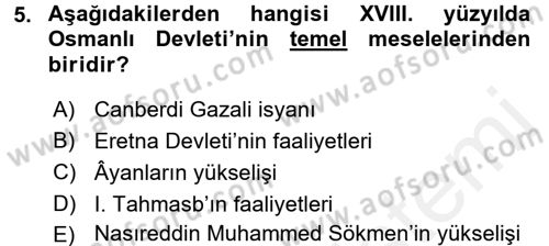 Osmanlı Devlenti’nde Yenileşme Hareketleri (1703-1876) Dersi 2017 - 2018 Yılı (Vize) Ara Sınav Soruları 5. Soru