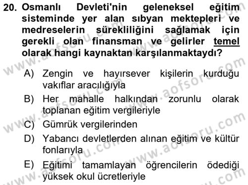 Osmanlı Devlenti’nde Yenileşme Hareketleri (1703-1876) Dersi 2025 - 2026 Yılı (Vize) Ara Sınav Soruları 20. Soru