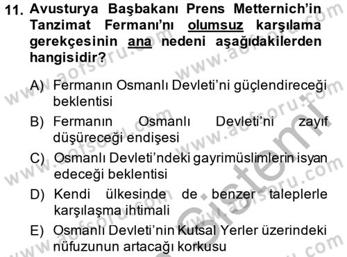 Osmanlı Yenileşme Hareketleri (1703-1876) Dersi 2014 - 2015 Yılı (Final) Dönem Sonu Sınavı 11. Soru