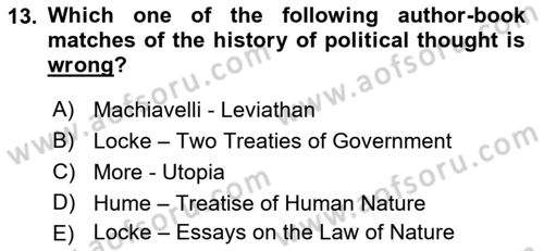 Political Thought Dersi 2018 - 2019 Yılı Yaz Okulu Sınav Soruları 13. Soru