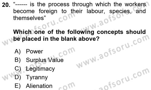 Political Thought Dersi 2018 - 2019 Yılı Yaz Okulu Sınav Soruları 20. Soru