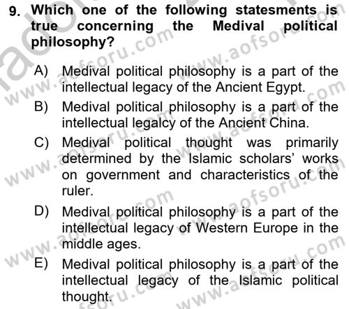 Political Thought Dersi 2018 - 2019 Yılı Yaz Okulu Sınav Soruları 9. Soru