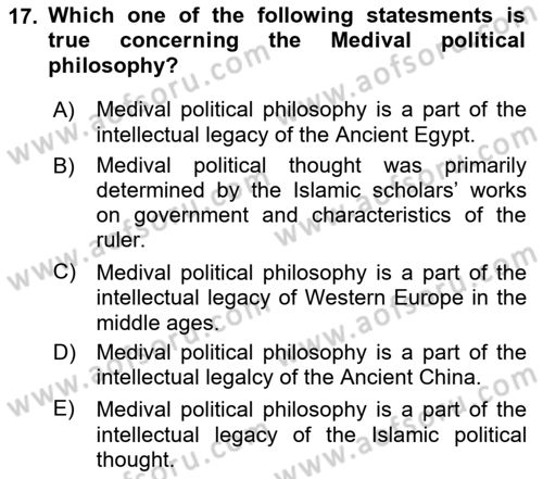 Political Thought Dersi 2019 - 2020 Yılı (Vize) Ara Sınav Soruları 17. Soru