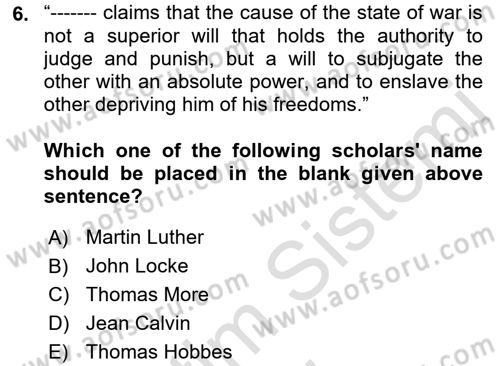 Political Thought Dersi 2019 - 2020 Yılı (Final) Dönem Sonu Sınav Soruları 6. Soru