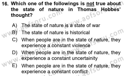 Political Thought Dersi 2020 - 2021 Yılı Yaz Okulu Sınav Soruları 16. Soru