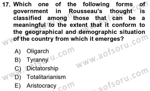 Political Thought Dersi 2020 - 2021 Yılı Yaz Okulu Sınav Soruları 17. Soru