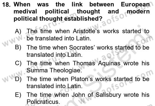 Political Thought Dersi 2021 - 2022 Yılı (Vize) Ara Sınav Soruları 18. Soru