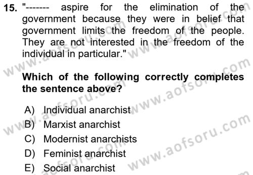 Political Thought Dersi 2021 - 2022 Yılı (Final) Dönem Sonu Sınav Soruları 15. Soru