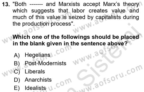 Political Thought Dersi 2022 - 2023 Yılı (Final) Dönem Sonu Sınav Soruları 13. Soru