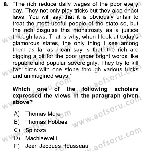 Political Thought Dersi 2023 - 2024 Yılı (Final) Dönem Sonu Sınav Soruları 8. Soru