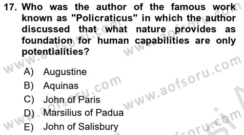 Political Thought Dersi 2024 - 2025 Yılı (Vize) Ara Sınav Soruları 17. Soru