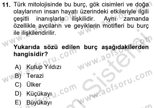 Türk Mitolojisi Dersi Ara Sınavı Deneme Sınav Soruları 11. Soru