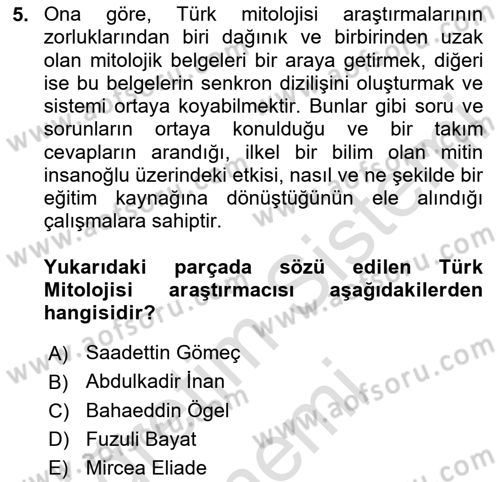 Türk Mitolojisi Dersi Ara Sınavı Deneme Sınav Soruları 5. Soru